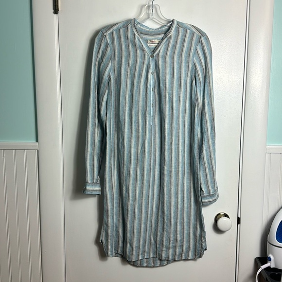 FAHERTY 100% Linen Striped Tunic Shirt Dress Kraine Shirtdress XS Blue white - Picture 2 of 10